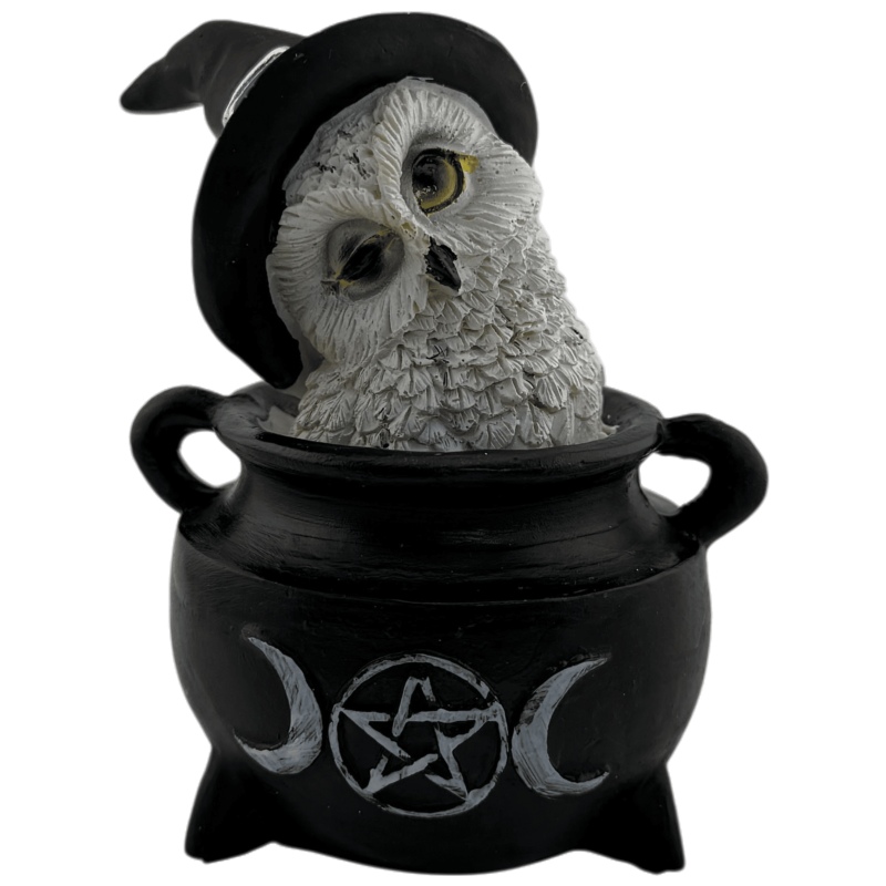 Figura Resina Búho Wicca Caldero Triple Luna Sombrero Negro 7,7x6,2x10cm-FIGURAS ESOTÉRICAS-HOSTENATURA