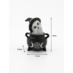 Figura Resina Búho Wicca Caldero Triple Luna Sombrero Negro 7,7x6,2x10cm
