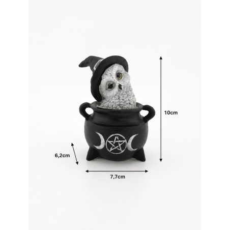Estatueta de resina de coruja Wicca caldeirão triplo lua chapéu preto 7,7x6,2x10cm