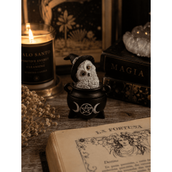 Figura Resina Búho Wicca Caldero Triple Luna Sombrero Negro 7,7x6,2x10cm