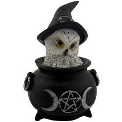 Figurine en résine Hibou Wicca Chaudron Triple Lune Chapeau Violet 7,7 x 6,2 x 10 cm