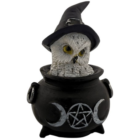 Statuetta in resina a forma di gufo, calderone Wicca, tripla luna, cappello viola, 7,7x6,2x10 cm