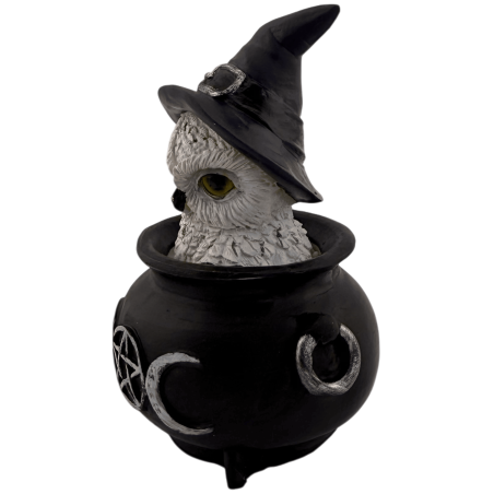 Statuetta in resina a forma di gufo, calderone Wicca, tripla luna, cappello viola, 7,7x6,2x10 cm