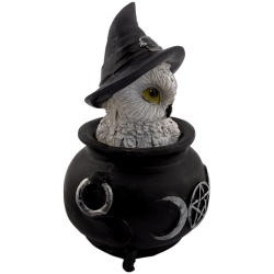 Estatueta de resina de coruja Wicca com caldeirão, lua tripla e chapéu roxo, 7,7 x 6,2 x 10 cm