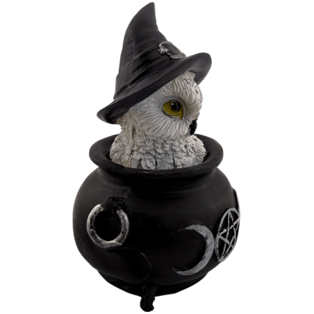 Estatueta de resina de coruja Wicca com caldeirão, lua tripla e chapéu roxo, 7,7 x 6,2 x 10 cm