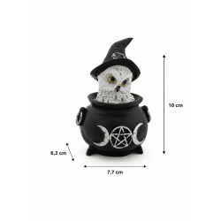 Estatueta de resina de coruja Wicca com caldeirão, lua tripla e chapéu roxo, 7,7 x 6,2 x 10 cm