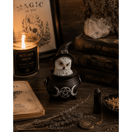 Estatueta de resina de coruja Wicca com caldeirão, lua tripla e chapéu roxo, 7,7 x 6,2 x 10 cm