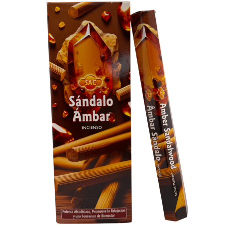 Encens ambré au bois de santal SAC - Boîte de 6 paquets hexagonaux de 20 bâtonnets chacun, soit 120 bâtonnets d'encens