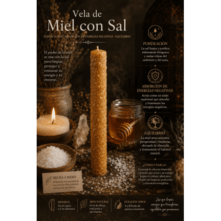 Vela de Miel con Sal - 100% Cera de Abeja Auténtica - Purificación, absorción de energías negativas y Equilibrio