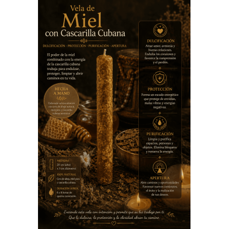 Bougie au miel et à la cascarille cubaine - 100 % cire d'abeille véritable - Douceur, protection, purification et ouverture