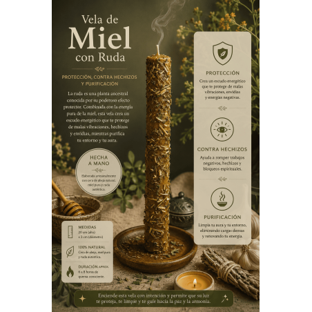 Honungsljus med vinrue - 100% äkta bivax - Skydd, förtrollningsbrytande och rening