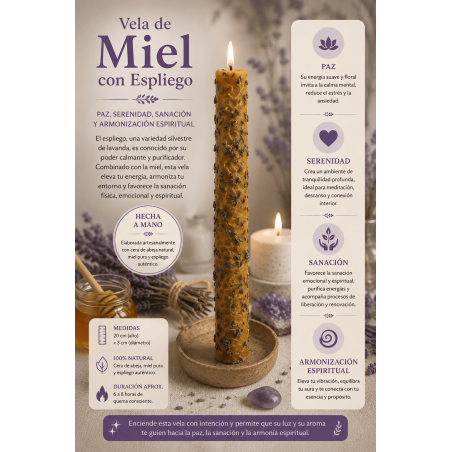 Honey and Lavender Candle - 100% Genuine Beeswax - Peace, Serenity, Healing and Harmonization.