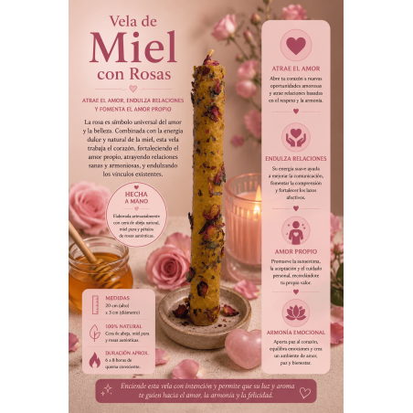 Honigkerze mit Rosen – 100 % echtes Bienenwachs – Zieht Liebe an, versüßt Beziehungen oder stärkt das Selbstwertgefühl