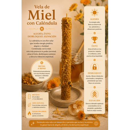 Bougie au miel et au calendula - 100 % cire d'abeille véritable - Joie, succès, déblocage, élévation...