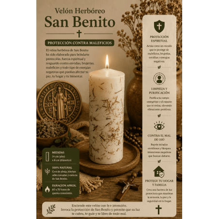 Velón Herboreo San Benito - Velón Esotérico 14x6cm - Protección contra maleficios