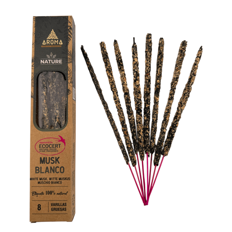 Encens Musc Blanc Bio AROMA Nature - 8 bâtonnets, durée 1 heure-Encens Bio Nature Aroma Parfums-HOSTENATURA