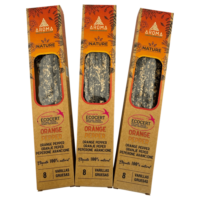 Pachet de 3 bețișoare parfumate cu piper și portocale AROMA Nature - 8 bețișoare, durată 1 oră-Pachete de economii pentru tămâie organică AROMA Nature-HOSTENATURA