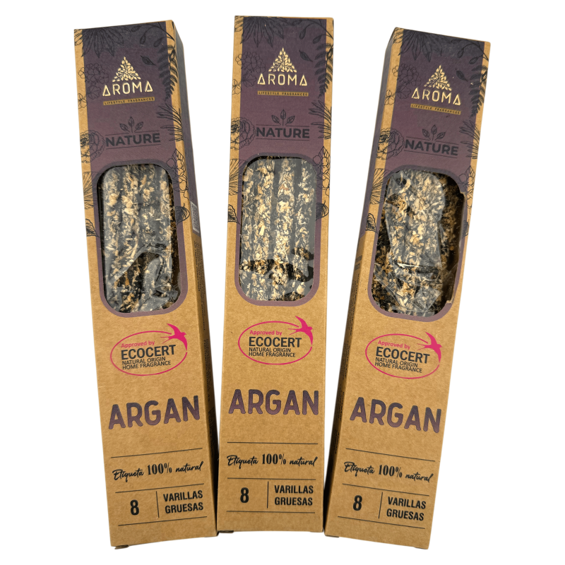Lot de 3 encens bio à l'argan AROMA Nature - 8 bâtonnets, durée 1 heure-Encens bio AROMA Nature en packs économiques-HOSTENATURA