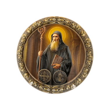 Resin figurine of Saint Benedict on a plate, 20cm
