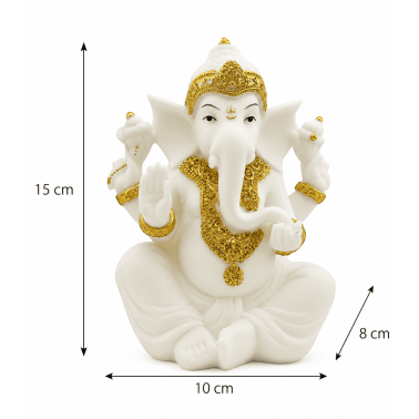 Estatueta de Ganesha, branca e dourada, 15x10x8cm