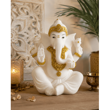 Ganesha-Figur, weiß und gold, 15 x 10 x 8 cm