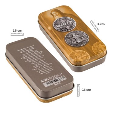 سلسلة مفاتيح على شكل ميدالية القديس بنديكت في علبة معدنية