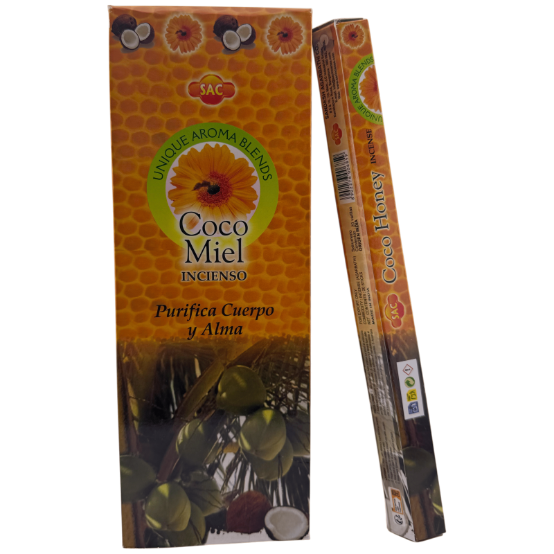 Encens au miel et à la noix de coco SAC - Boîte de 6 paquets hexagonaux de 20 bâtonnets chacun, soit 120 bâtonnets d'encens-SAC À ENCENS-HOSTENATURA