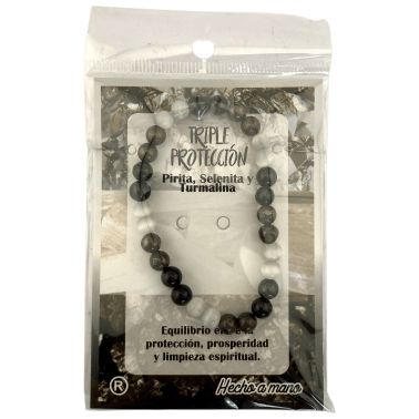 Pulsera Triple Protección - Pirita, Selenita y Turmalina - Equilibrio entre la protección, prosperidad y limpieza espiritual