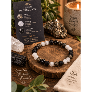 Pulsera Triple Protección - Pirita, Selenita y Turmalina - Equilibrio entre la protección, prosperidad y limpieza espiritual