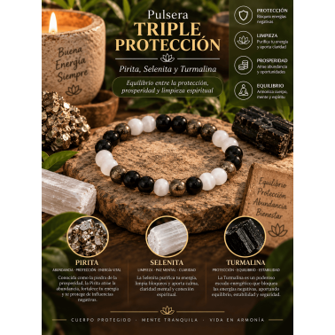Pulsera Triple Protección - Pirita, Selenita y Turmalina - Equilibrio entre la protección, prosperidad y limpieza espiritual