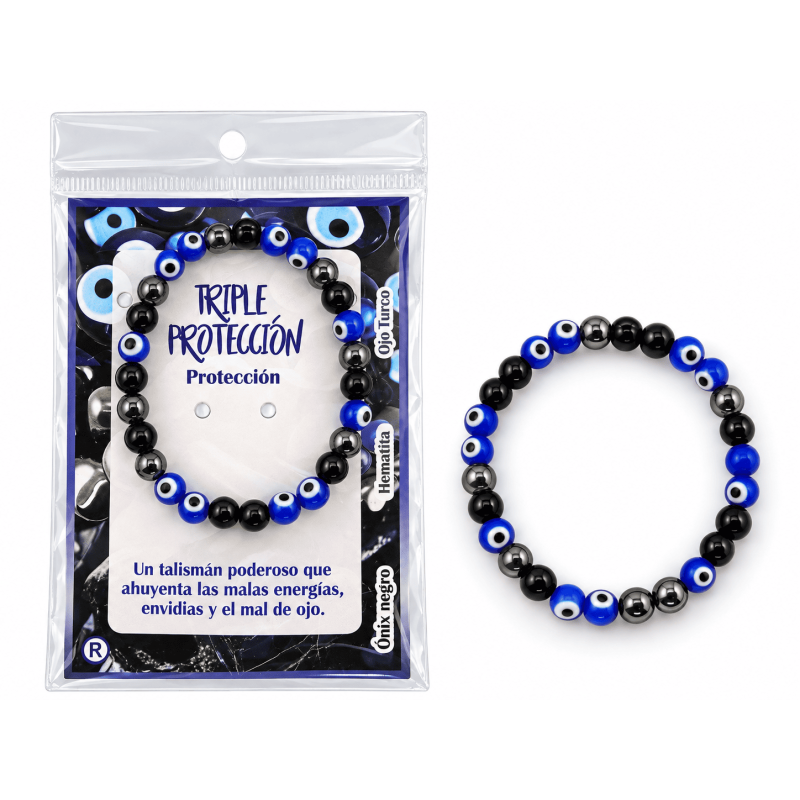 Pulsera Triple Protección - Onix Negro, Hematita y Ojo Turco - Poderoso talisman contra el mal de ojo y malas energías-PULSERAS ENERGIA-HOSTENATURA