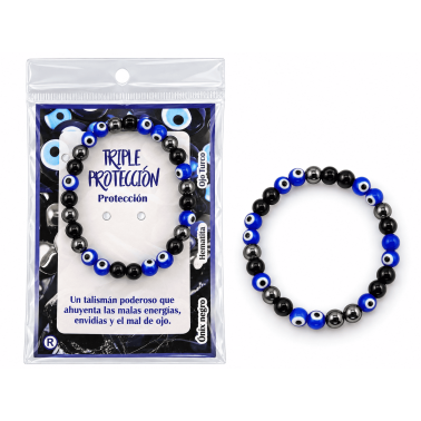 Polsera Triple Protecció - Onix Negre, Hematita i Ull Turc - Poderós talisman contra el mal d'ull i males energies