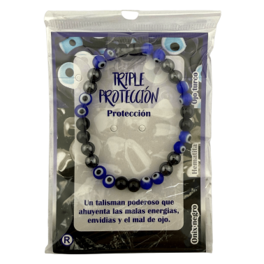 Pulsera Triple Protección - Onix Negro, Hematita y Ojo Turco - Poderoso talisman contra el mal de ojo y malas energías