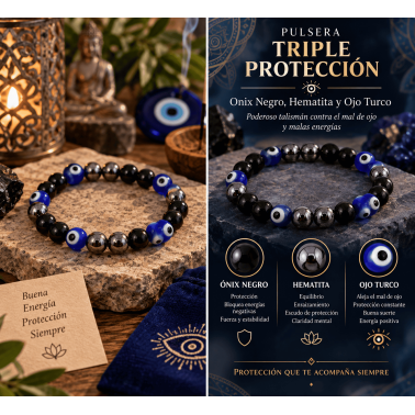Pulsera Triple Protección - Onix Negro, Hematita y Ojo Turco - Poderoso talisman contra el mal de ojo y malas energías