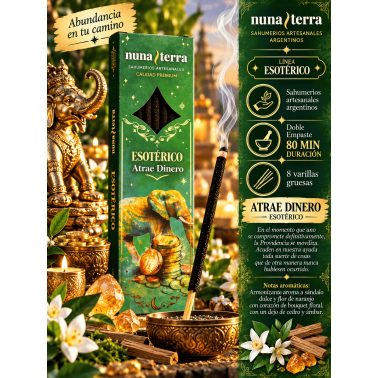 Incienso Atrae Dinero ESOTÉRICO Nuna Terra - Sahumerio Artesanal de Doble Empaste - 8 Varillas - 80 min