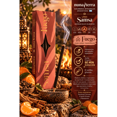 Incienso Fuego SAMSA Nuna Terra - Sahumerio Artesanal - 8 Varillas Gruesas - Hasta 80 min