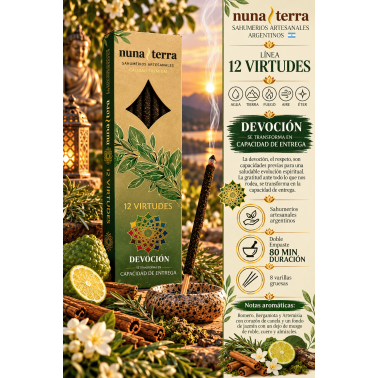 Incienso Devoción - Entrega 12 VIRTUDES Nuna Terra - Sahumerio Artesanal de Doble Empaste - 8 Varillas - Hasta 80 min