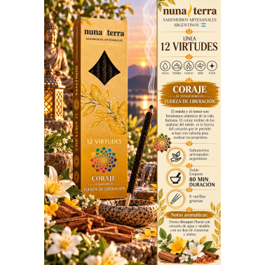 Encens Coratge - Alliberament 12 VIRTUTS Nuna Terra - Sahumerio Artesanal de Doble Empast - 8 Varetes - Fins a 80 min