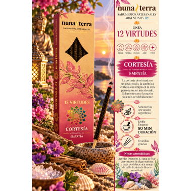 Incienso Cortesía - Empatía 12 VIRTUDES Nuna Terra - Sahumerio Artesanal de Doble Empaste - 8 Varillas - Hasta 80 min