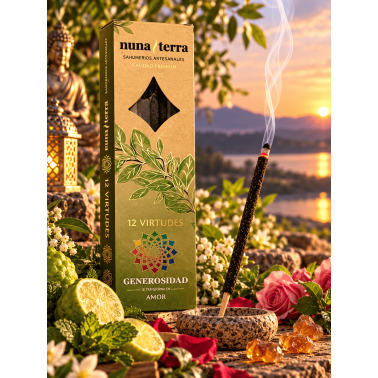 Encens Générosité - Amour 12 VERTUS Nuna Terra - Bâtonnets d'encens artisanaux doublement enrobés - 8 bâtonnets - Jusqu'à 80 min