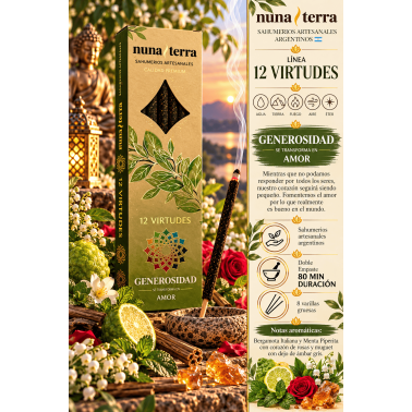 Encens Générosité - Amour 12 VERTUS Nuna Terra - Bâtonnets d'encens artisanaux doublement enrobés - 8 bâtonnets - Jusqu'à 80 min