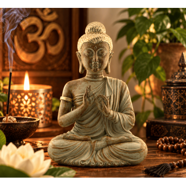 Statuette du Bouddha assis représentant la Roue du Dharma - Dharmachakra Mudra - 20 x 12 x 26 cm
