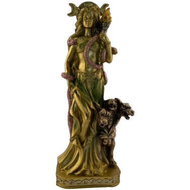 Figura Resina Diosa Hécate - Cerbero, Antorcha y Triple Luna - 8x6x18 cm