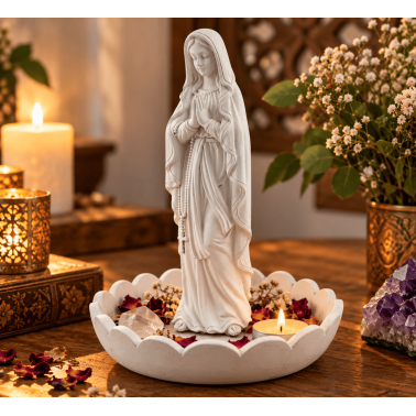 Figura Matki Boskiej z Lourdes z tacą ofiarną - 18x17,5x20,5 cm