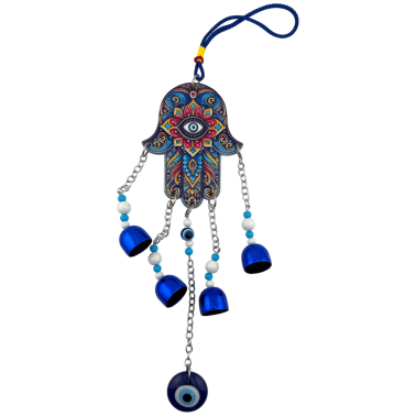 Hand of Fatima Pendant with Turkish Eye and Bells - Protection Amulet - 36 cm