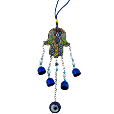 Hand of Fatima Pendant with Turkish Eye and Bells - Protection Amulet - 36 cm