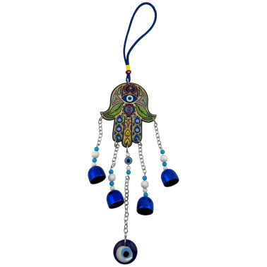 Hanger met de hand van Fatima, Turks oog en belletjes - Beschermingsamulet - 36 cm