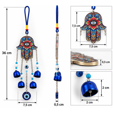 Fatimas hand-hänge med turkiskt öga och klockor - Skyddsamulett - 36 cm