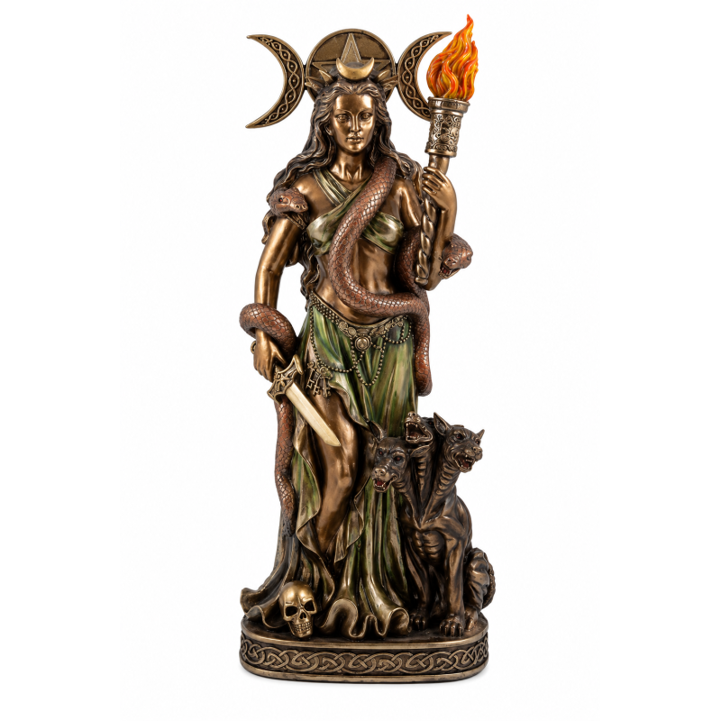 Figurine de la déesse Hécate avec Cerbère - Triple Lune, Torche et Serpent - 40 cm-DÉESSES ET DIVINITÉS-HOSTENATURA