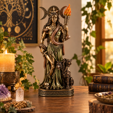 Statuetta della dea Ecate con Cerbero - Tripla Luna, Torcia e Serpente - 40 cm